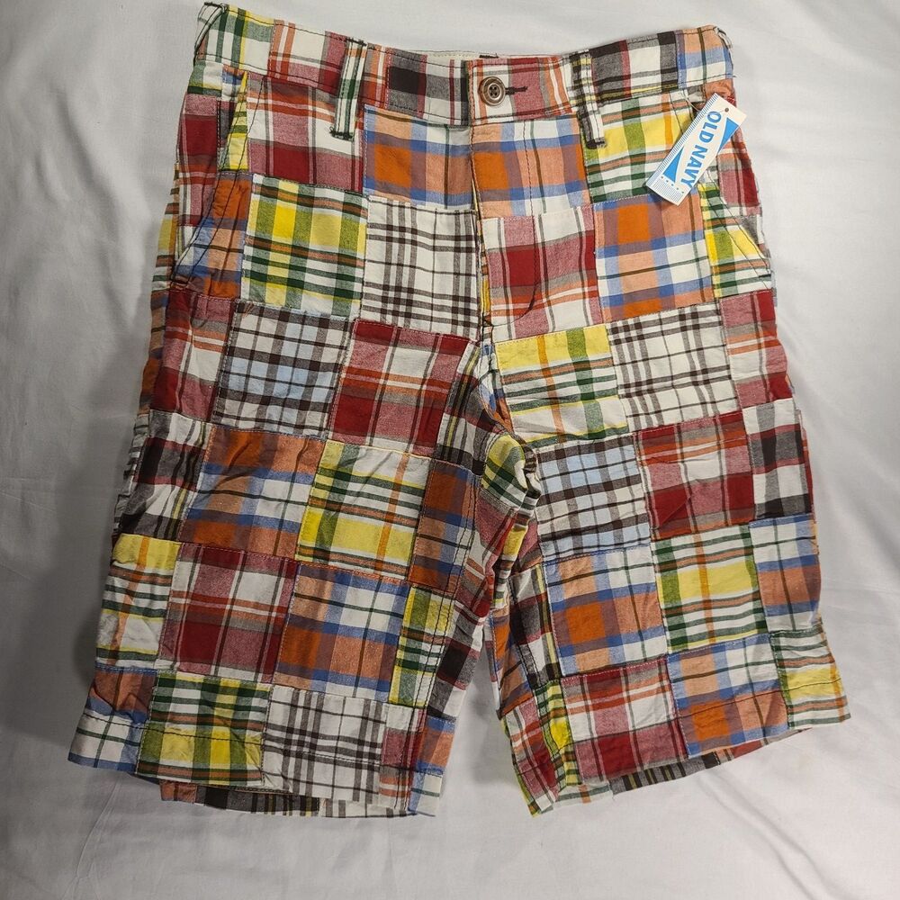 Old Navy Boys Size 10 Multicolor Madras Plaid Patchwork Shorts NWT